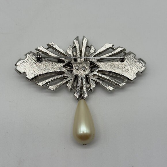 Vintage Art Deco Style Rhinestone Pearl Brooch Pin Teardrop Dangle Accent - Picture 5 of 7